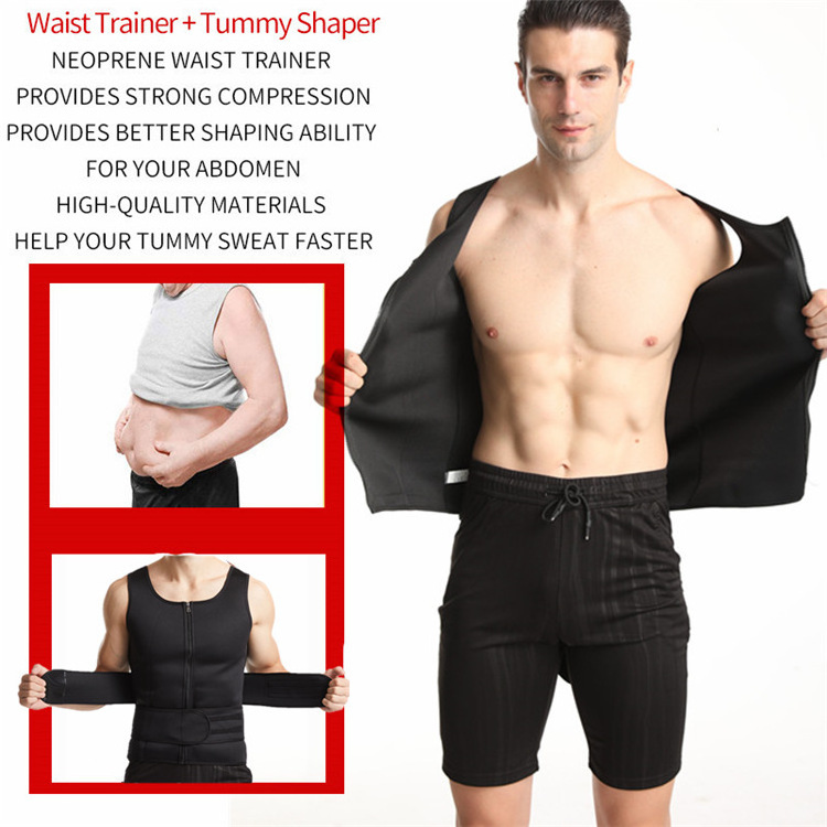 In Stock Neoprene Exercise Slimming Body Shaper Sauna Tank Top With Belt Zipper Waist Trainer Sweat Vest for Men