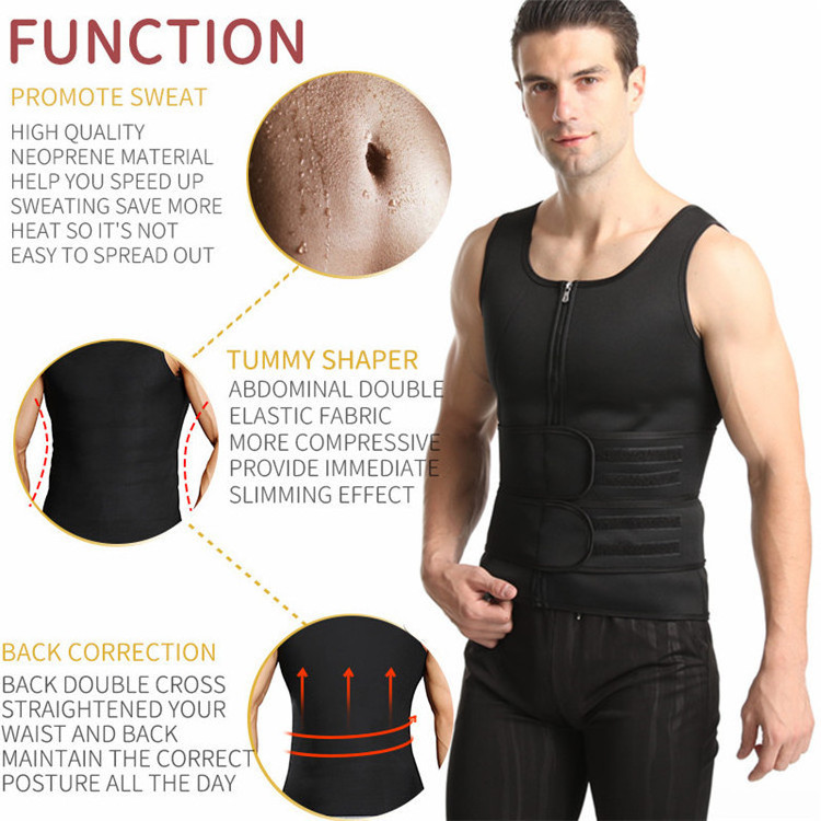 In Stock Neoprene Exercise Slimming Body Shaper Sauna Tank Top With Belt Zipper Waist Trainer Sweat Vest for Men