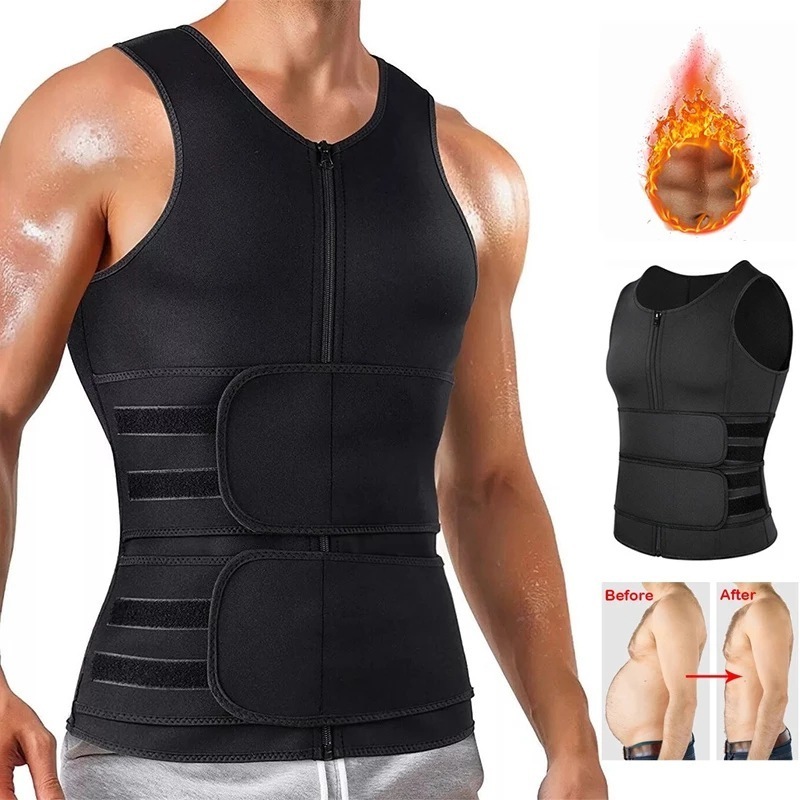 In Stock Neoprene Exercise Slimming Body Shaper Sauna Tank Top With Belt Zipper Waist Trainer Sweat Vest for Men