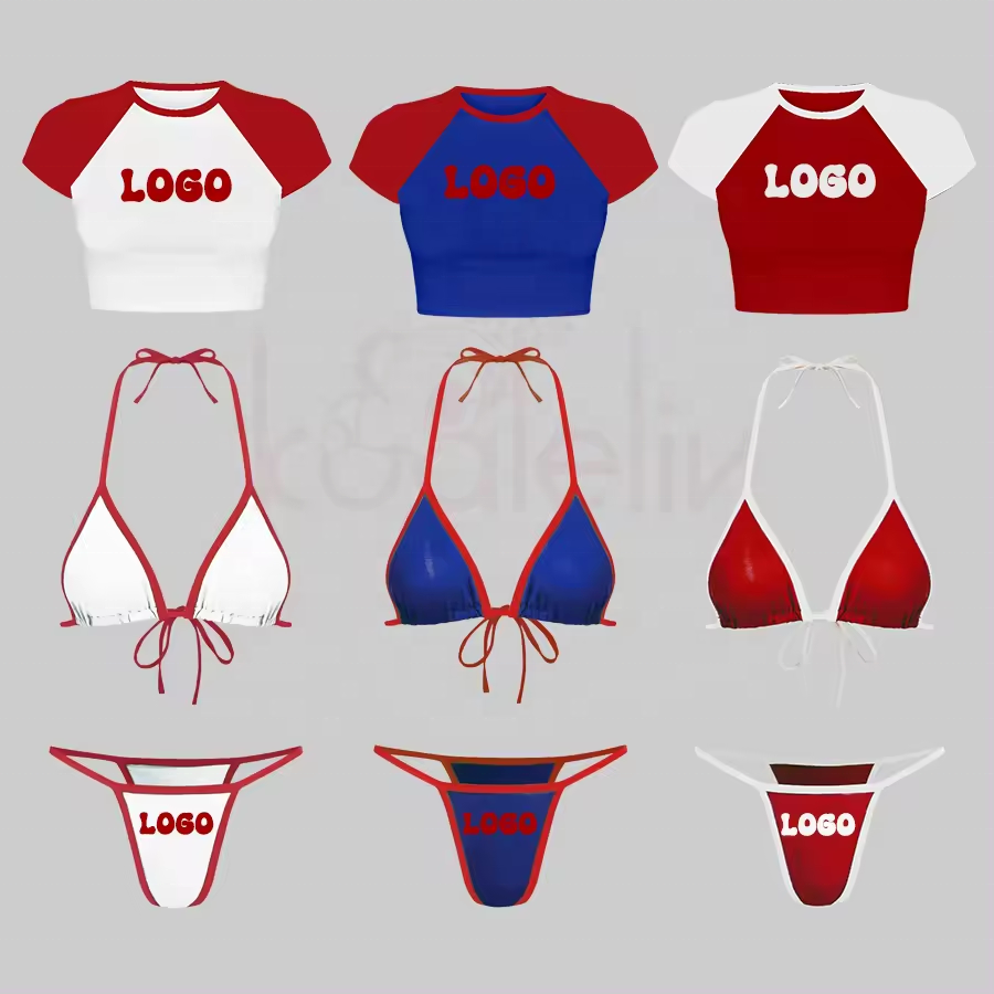 Custom Fitness Sexy Swimsuit Women 2 Piece Micro Mini Bikini Set Matching T Shirt Swimwear Beachwear Bathing Suit For Women 2024