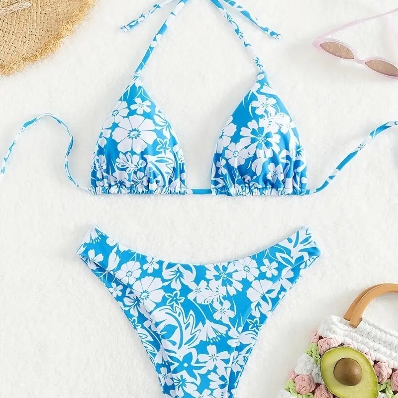 Custom Two Piece Backless Bikinis Sexy Bandeau Floral Print Beach Swimwear Women Micro High Waist Swimsuit