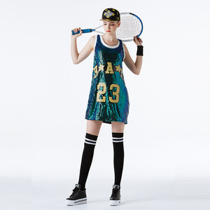 New fashion Women Loose Sleeveless Baseball Shirt Dress Oversize Hip Hop Sequin Jersey