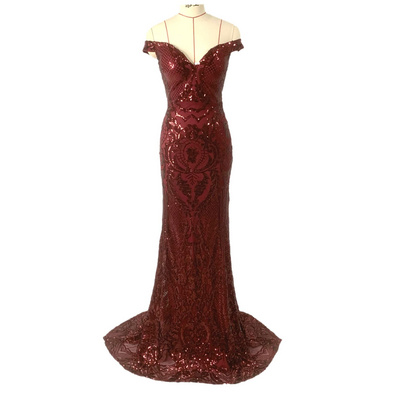 Burgundy Off-Shoulder luxury Sequin Mother Of Bride long Gown wedding evening dress