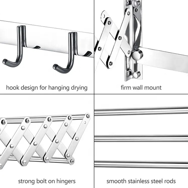 Customized OEM Stainless Steel Wall Mounted Retractable Towel Shelf with Clothes Hook toallero de hotel wall mount Towel Rack