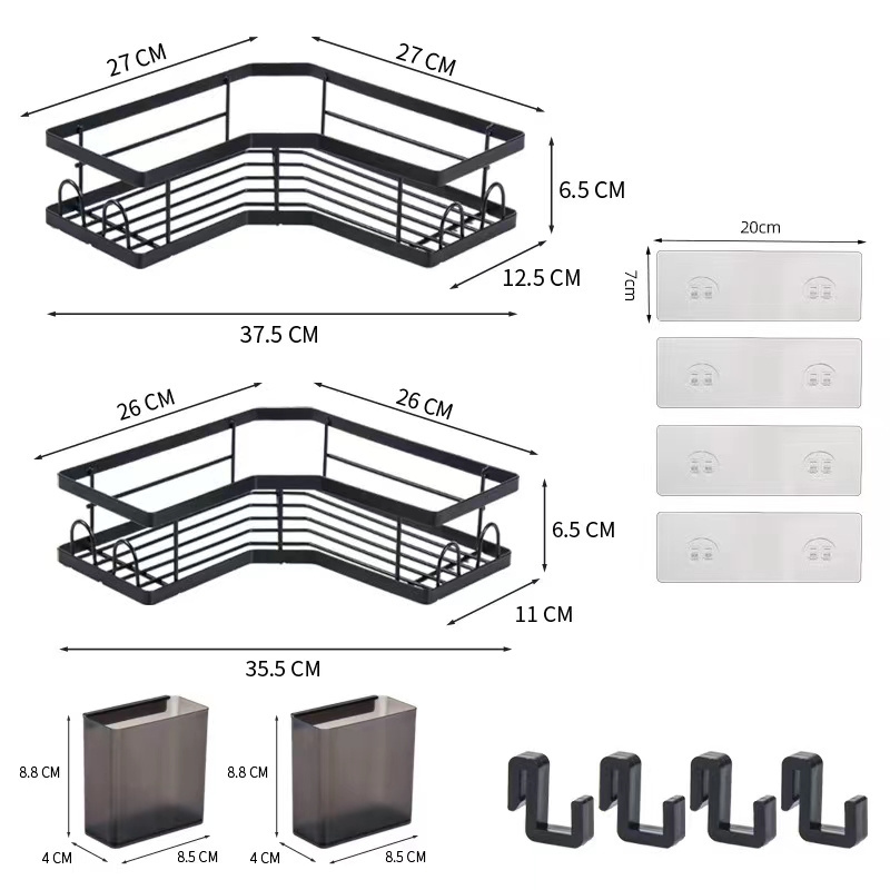 Top Quality Matte Black No Drilling Bathroom Shelves With Hooks Wall-Mounted Shelf For Bathroom Corner Shower Caddy