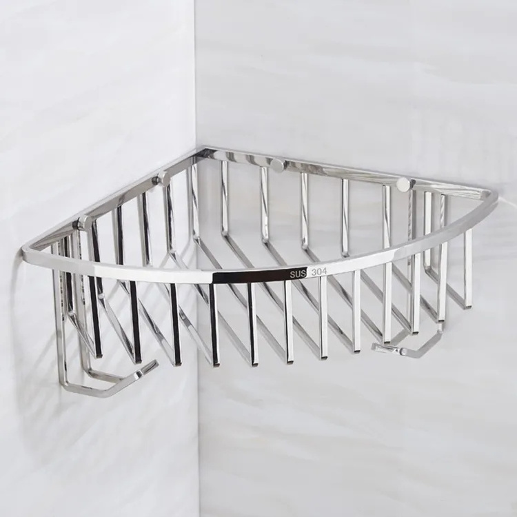 Factory wholesale high quality wall mount 304 Stainless Steel Wire Shower Corner Shelf with Hook