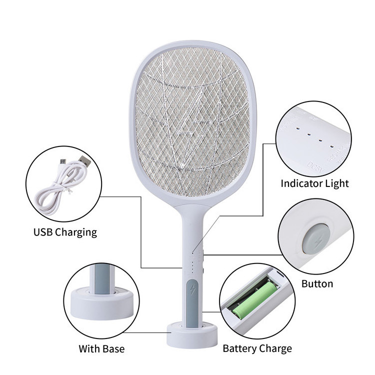 Rechargeable Electric Mosquito Bat Usb Mosquito Killer Racket Popular Design Living Room Raqueta Mata Mosquito 2 in 1 White