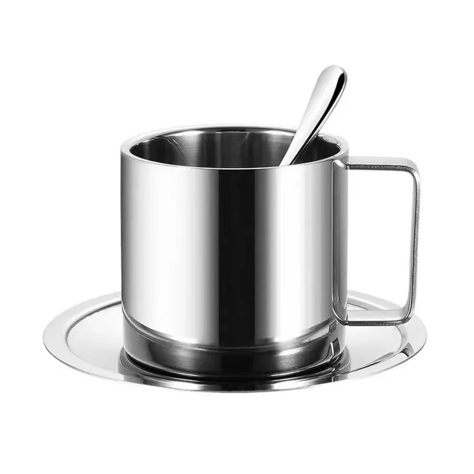 304 Stainless Steel Double Wall Insulated Custom Latte Cappuccino Tea Coffee Cup Mug Set With Spoon And Saucer