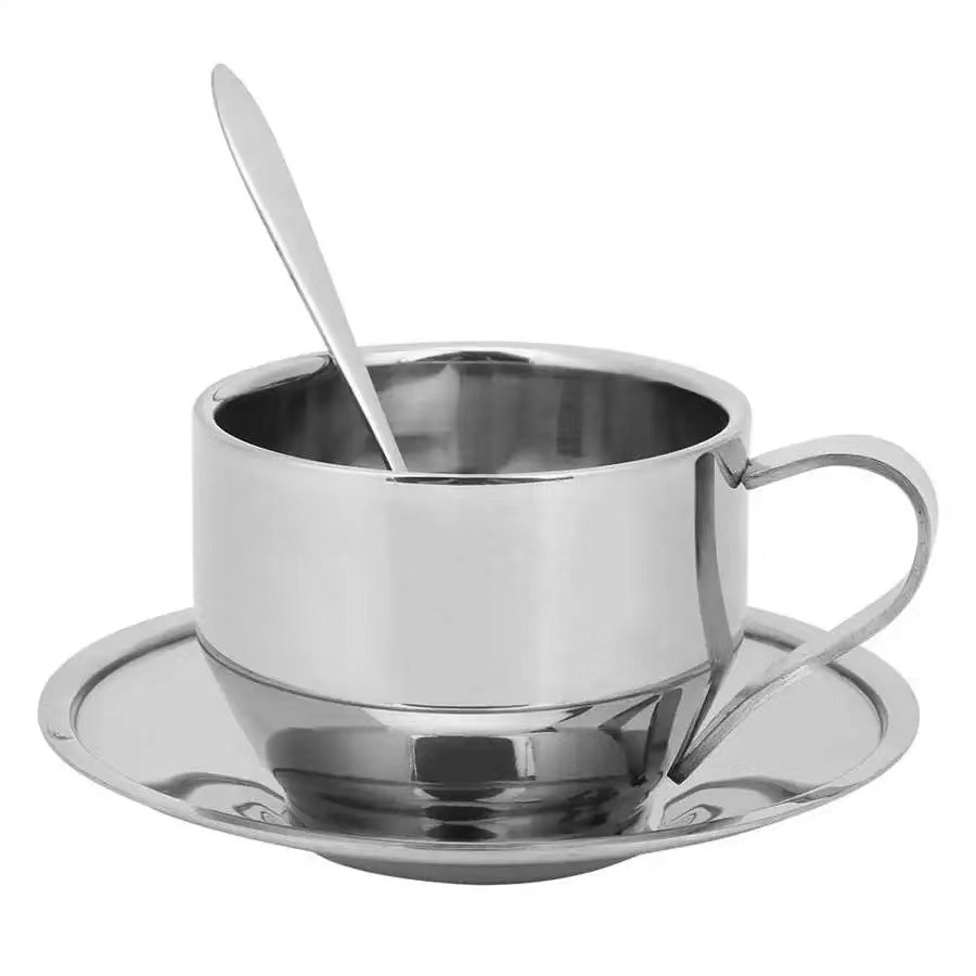 304 Stainless Steel Double Wall Insulated Custom Latte Cappuccino Tea Coffee Cup Mug Set With Spoon And Saucer