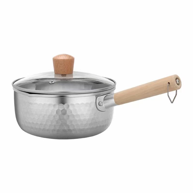 Japanese Style Hammer Stocks Pots Wooden Handle With Lid Cookware Stainless Steel Snow Pot Milk Pot Sauce Pan Milk Pan