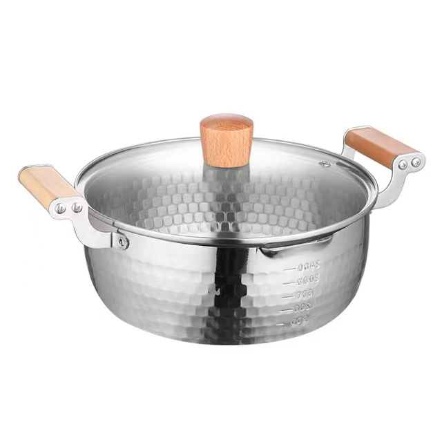 Japanese Style Hammer Stocks Pots Wooden Handle With Lid Cookware Stainless Steel Snow Pot Milk Pot Sauce Pan Milk Pan