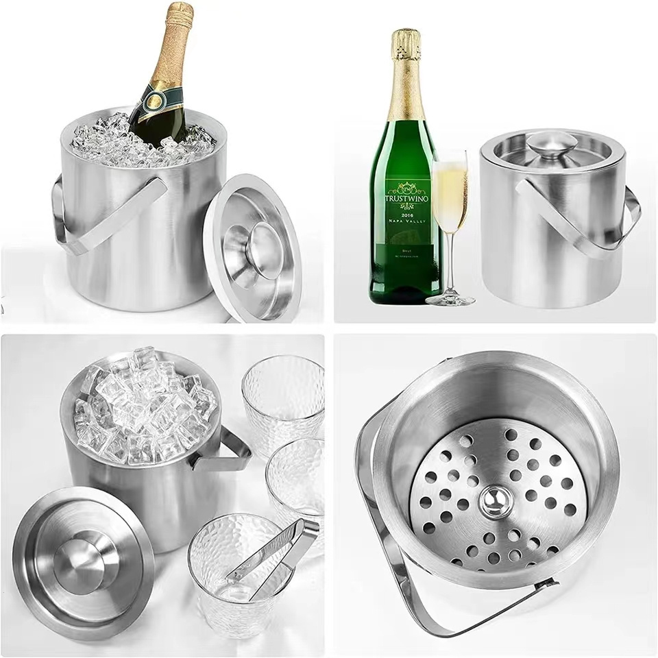 Wholesale Custom Double Wall Wine Insulated Cooler Stainless Steel Metal Champagne Wine Bucket Ice Bucket with Tong