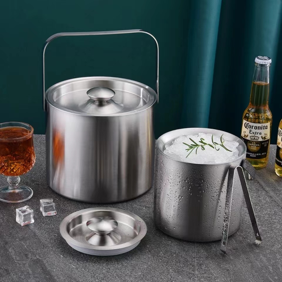 Wholesale Custom Double Wall Wine Insulated Cooler Stainless Steel Metal Champagne Wine Bucket Ice Bucket with Tong