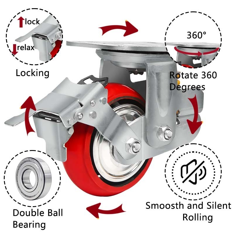 Heavy Duty 450kg 5 Inch 6 inch 8 inch Scaffolding Polyurethane Damping Universal PU Cast Iron shock absorber Caster Wheel