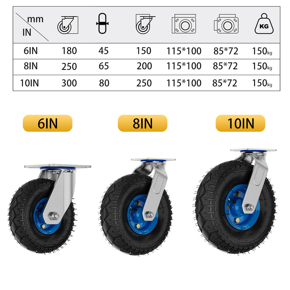 6/8/10 inch 150kg load capacity industrial heavy duty pneumatic swivel rubber caster wheels with side brake for trolley