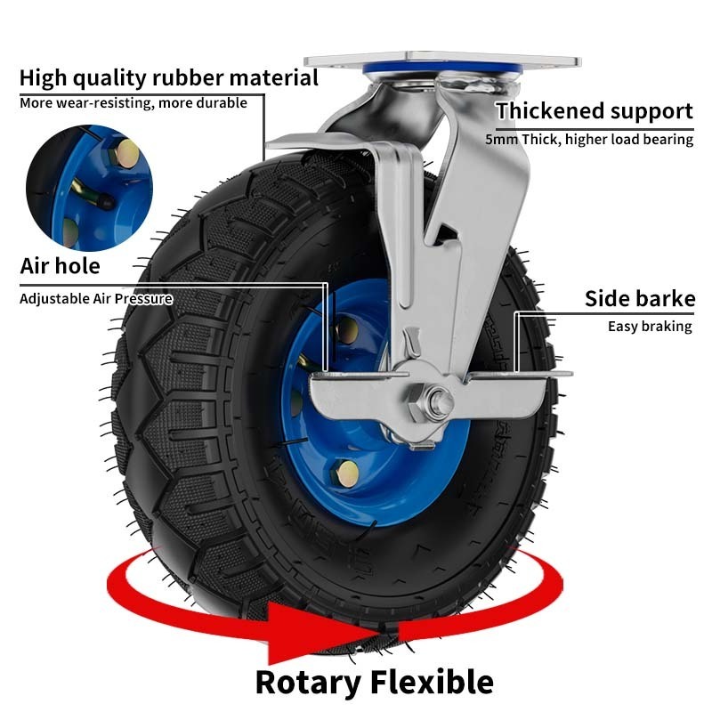 6/8/10 inch 150kg load capacity industrial heavy duty pneumatic swivel rubber caster wheels with side brake for trolley