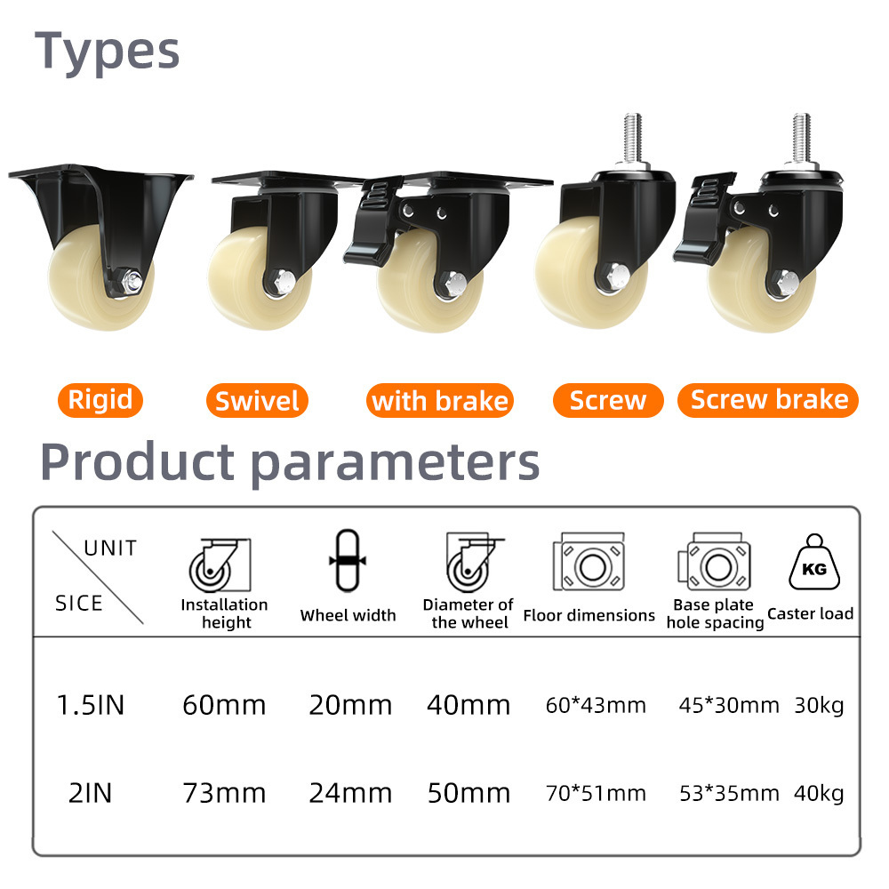 manufacturer 1.5/2/2.5 /3 inch light duty rigid threaded stem white nylon furniture caster wheel with brake