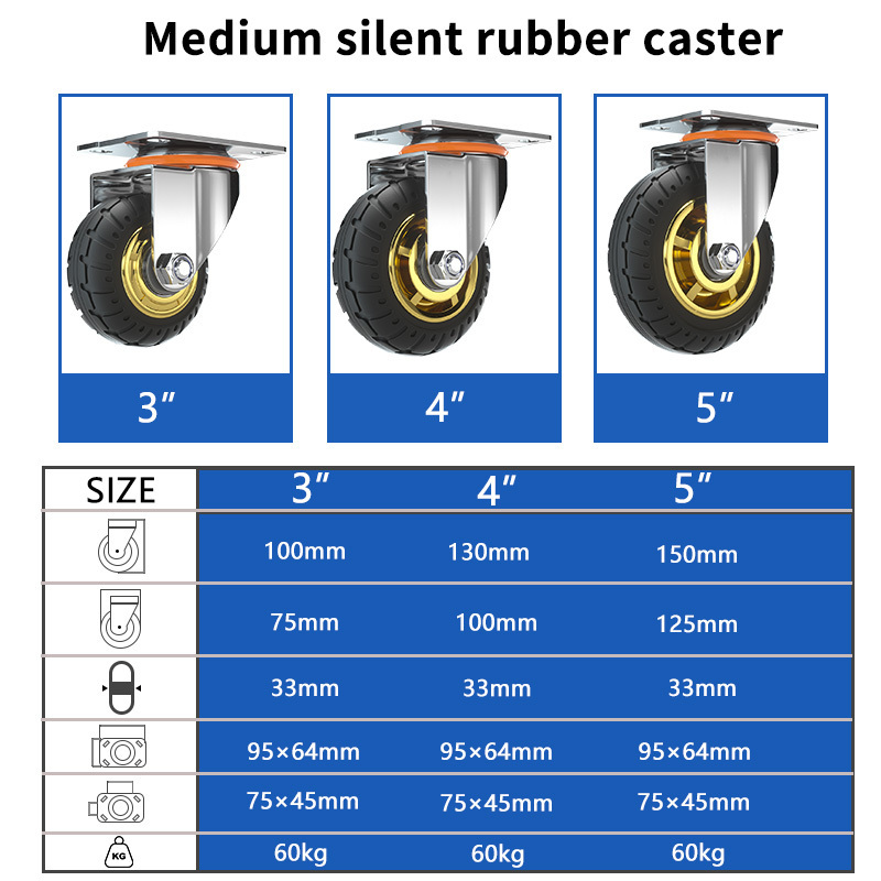 60kg load capacity Durable 3in 4in 5in inch Industrial middle heavy duty Rubber caster wheels for platform trolley