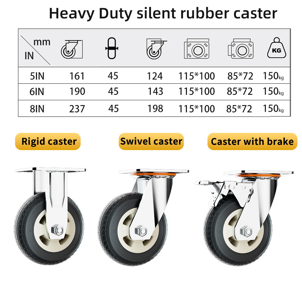 industrial Silent fixed swivel  4 5 6 8inches load 150kg 450kg rubber castor wheel heavy duty caster wheels for platform trolley