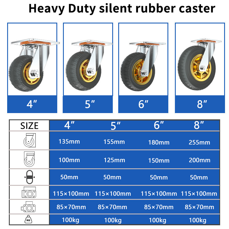 100kg load 4inch 5inch 6inch 8inch heavy duty fixed swivel locking industrial rubber caster wheel with brakes