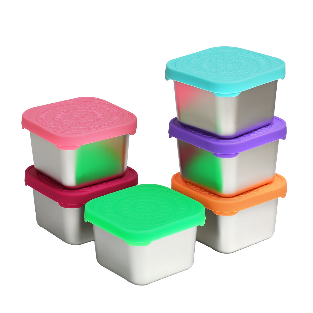 Square Dipping Sauce Cups 6oz Stainless Steel 304 Snack Containers  With Silicone Lids Leak-proof Outdoor Portable Lunch Box