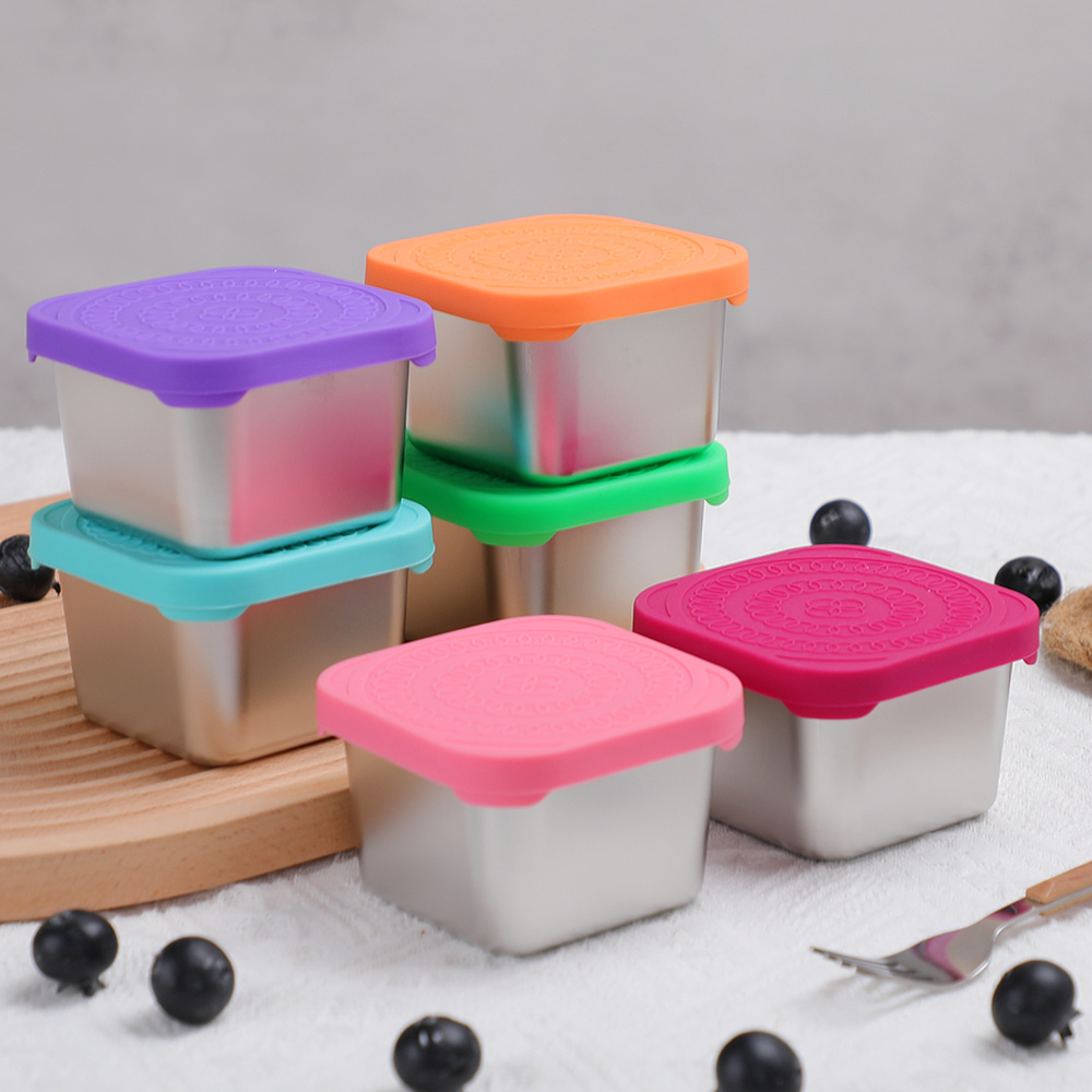 Square Dipping Sauce Cups 6oz Stainless Steel 304 Snack Containers  With Silicone Lids Leak-proof Outdoor Portable Lunch Box