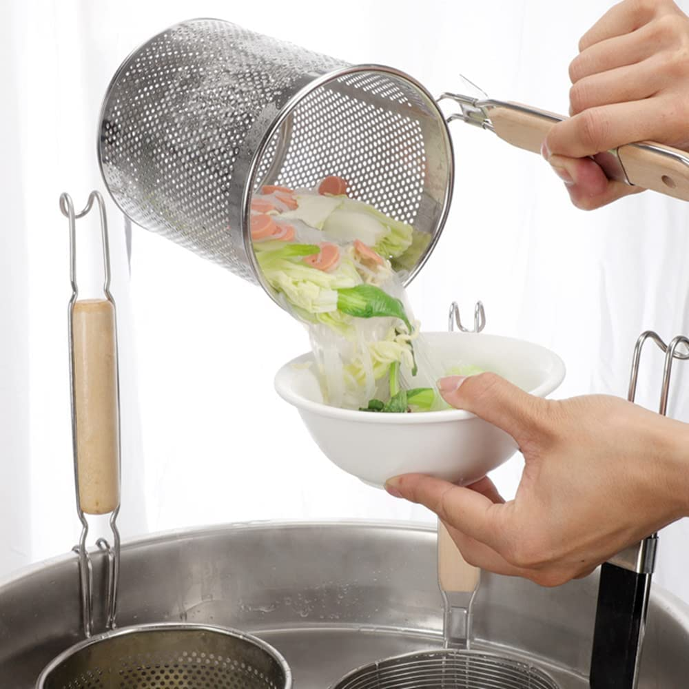 new arrival Fine Mesh Food Skimmer Kitchen Pasta Dumpling Noodle Sieve Stainless Steel Strainer Basket With Wooden Handle