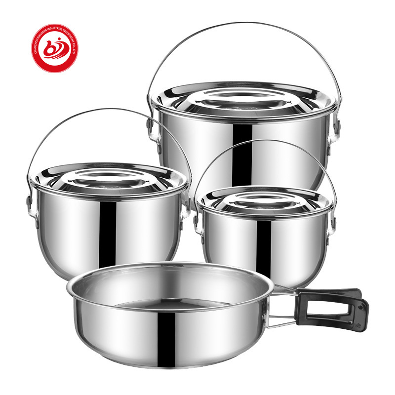 4 Pcs  Stainless Steel Camping Pot with Handle Hiking Products Outdoor Portable Can be sold separately mess kit