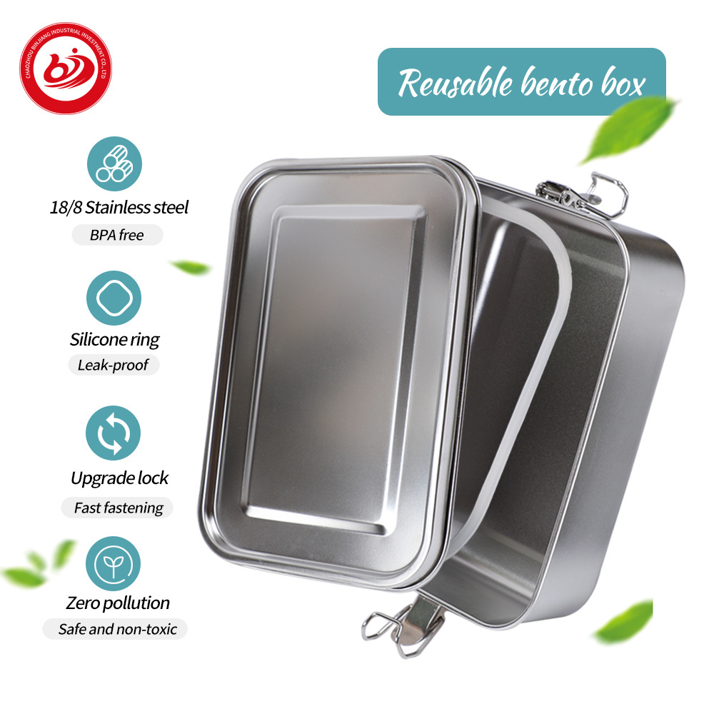 Customized Stainless Steel Leakproof Bento Lunch Box with buckle stainless Steel Meal Prep Sandwich food container for Kid Adult