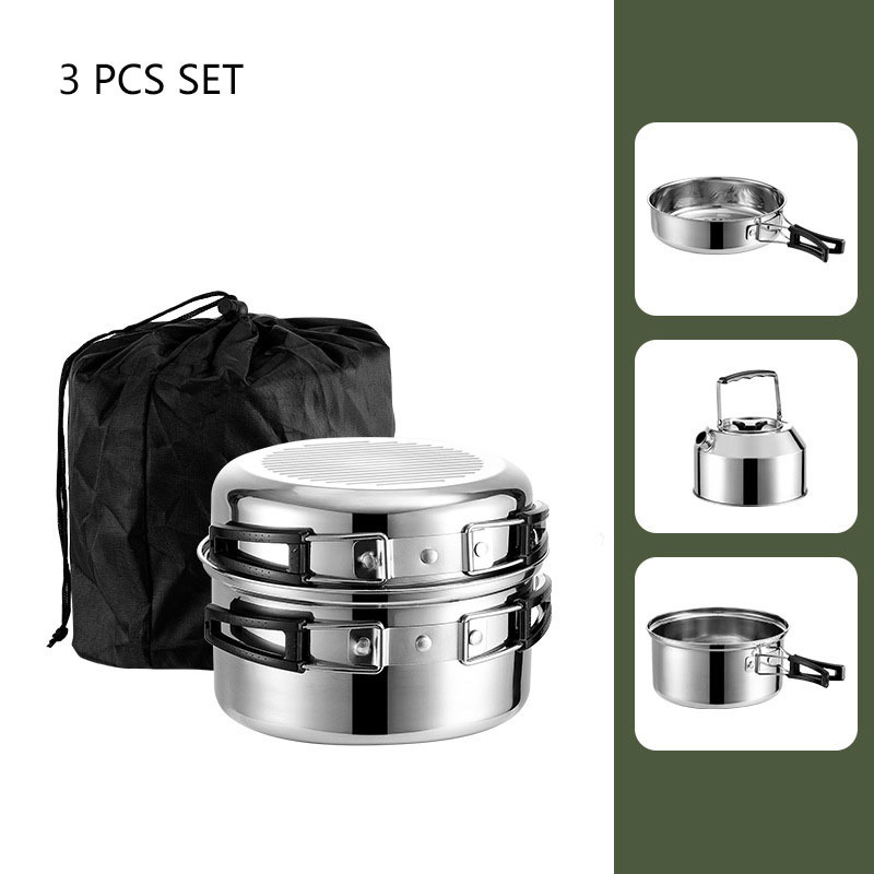 Wholesale Camping accessory Outdoor mess kit stainless steel Pots and Pans cookware set with Kettle