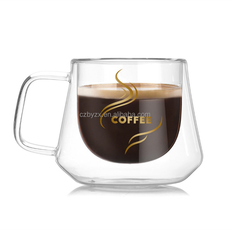 Manufacturer High-Quality Printed Borosilicate Double Wall Glass Coffee Cup With Handle