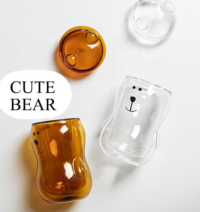 New Fashion Cartoon Bear Coffee Borosilicate Cute Glass Double Wall Coffee Cup With Glass Lid