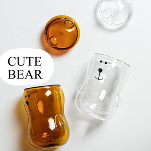 New Fashion Cartoon Bear Coffee Borosilicate Cute Glass Double Wall Coffee Cup With Glass Lid