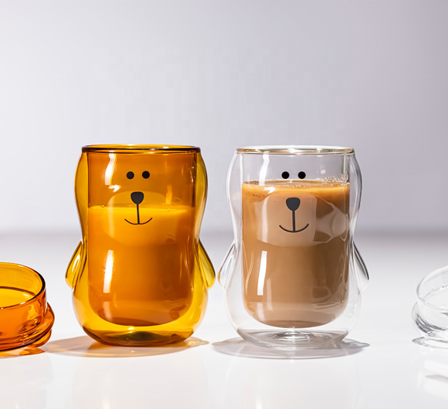 New Fashion Cartoon Bear Coffee Borosilicate Cute Glass Double Wall Coffee Cup With Glass Lid