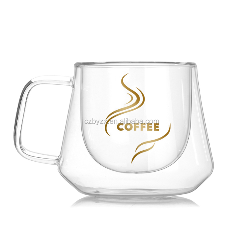 Manufacturer High-Quality Printed Borosilicate Double Wall Glass Coffee Cup With Handle