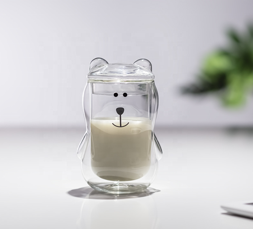 New Fashion Cartoon Bear Coffee Borosilicate Cute Glass Double Wall Coffee Cup With Glass Lid