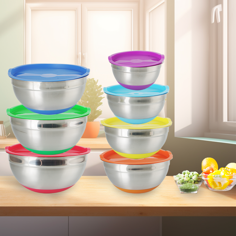 American Style Kitchen Stainless Steel Round Mixing Bowls With Colorful Silicone Bottom Airtight Lids Custom Logo Salad Bowl Set