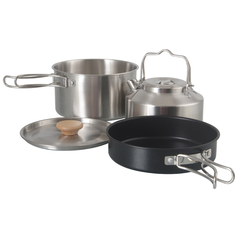 2024 New Design Camping Cookware Set Stainless steel 304 Pot Kettle Non-stick Pan Outdoor Cooking Four-piece Set