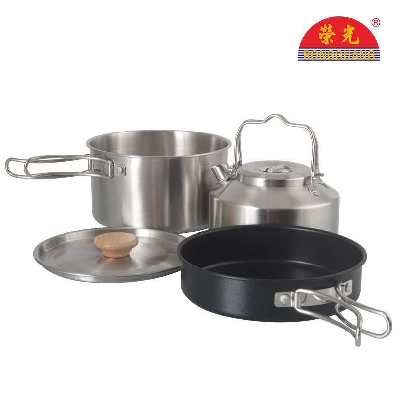 2024 New Design Camping Cookware Set Stainless steel 304 Pot Kettle Non-stick Pan Outdoor Cooking Four-piece Set