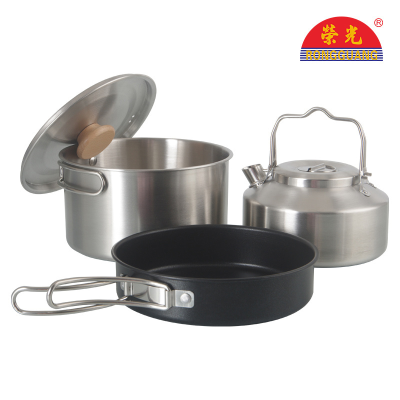 2024 New Design Camping Cookware Set Stainless steel 304 Pot Kettle Non-stick Pan Outdoor Cooking Four-piece Set