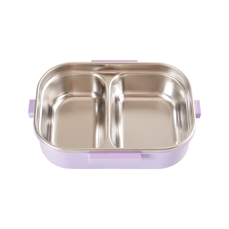 Custom stainless steel two compartments lunch box kids Morandi color kitchenware Bento box with leak-proof lid and salad spoon