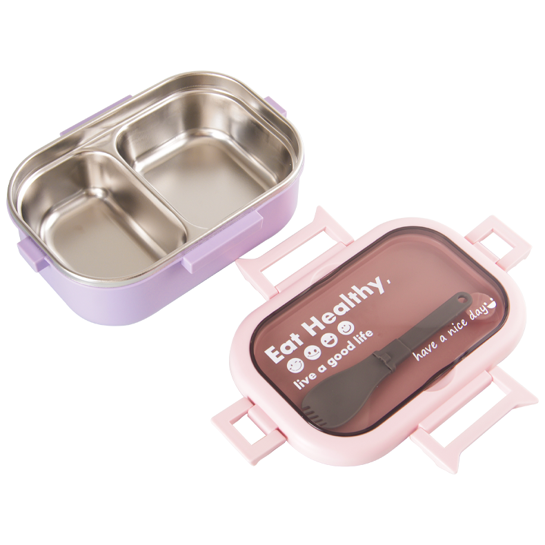 Custom stainless steel two compartments lunch box kids Morandi color kitchenware Bento box with leak-proof lid and salad spoon