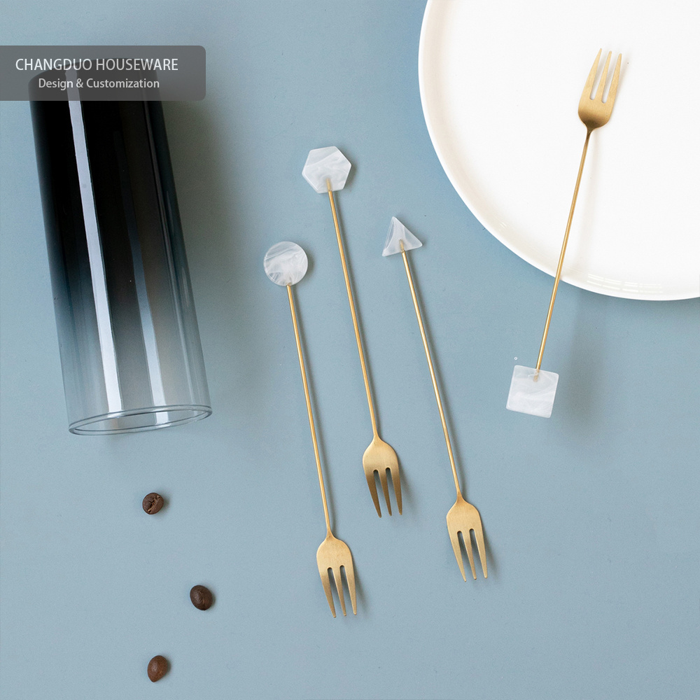 Pink gray brown white acrylic long handle Moon Cake Knife And Water cake desert Fork flatware 18/10 coffee stir steel stick