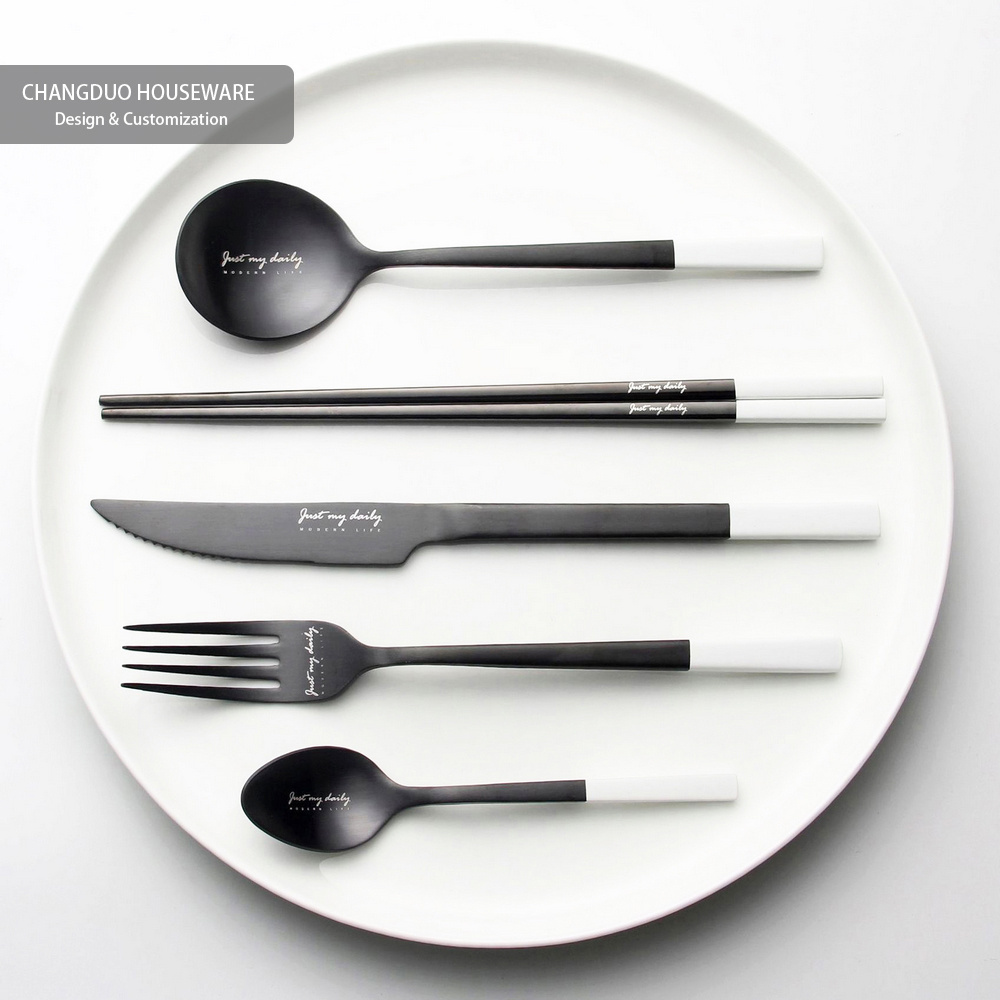 Flatware Set Cutlery Stainless Steel 4 Pcs black white business gift Metal Oem Customized travel heavy camping cutlery