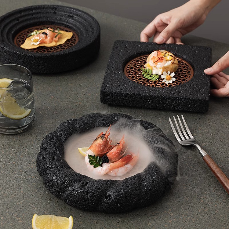 Concrete Volcanic rock Bowl and plae Stone style Molecular cuisine creative volcanic stone spherical lunar bowl for meat