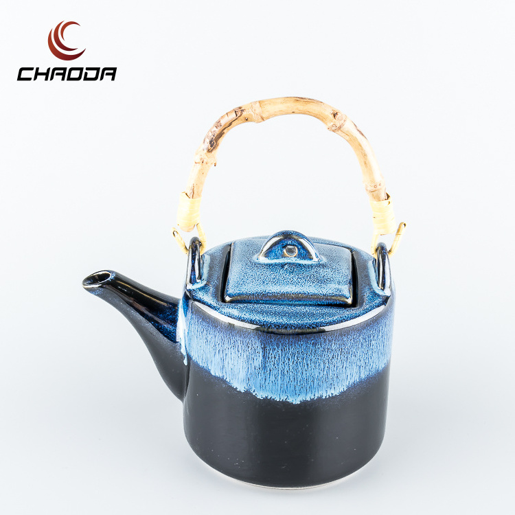 Modern Tea Pot Blue Color Glaze China Porcelain Ceramic Teapot With Rope Handle