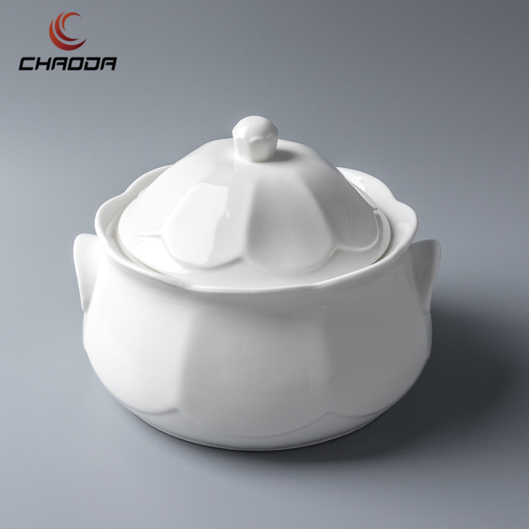 1.8L Soup Tureen Ladle Ceramic Soup Sets Supplier Ceramic Porcelain China White Bowls Dinnerware Set Soup Pot Food Grade Support