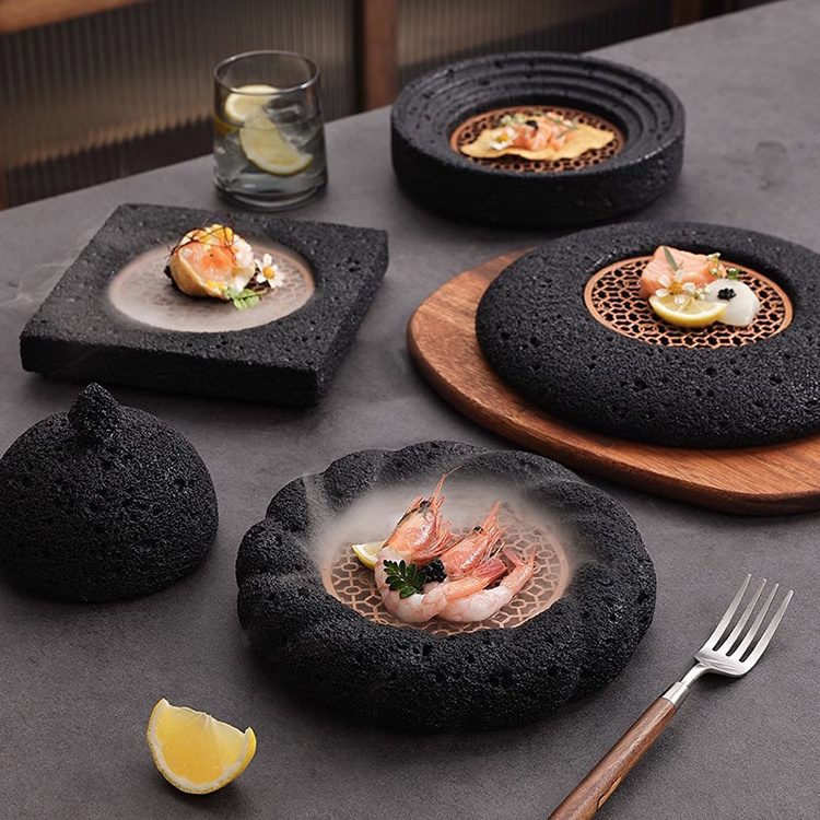 Concrete Volcanic rock Bowl and plae Stone style Molecular cuisine creative volcanic stone spherical lunar bowl for meat