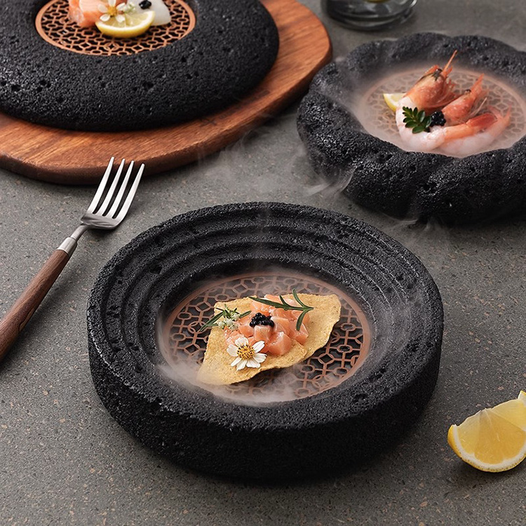 Concrete Volcanic rock Bowl and plae Stone style Molecular cuisine creative volcanic stone spherical lunar bowl for meat