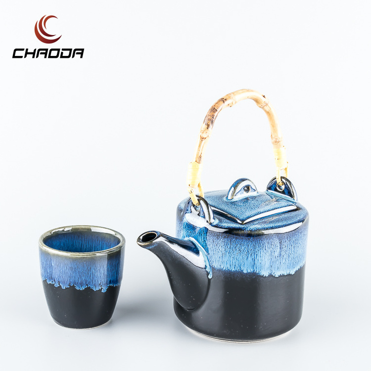 Modern Tea Pot Blue Color Glaze China Porcelain Ceramic Teapot With Rope Handle